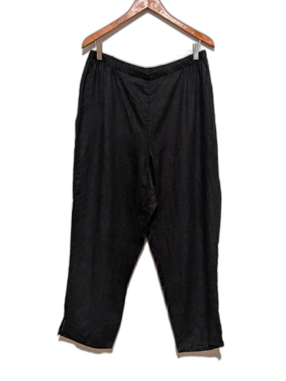 FLAX L Black Flat Front Elastic Waist Linen Floods Pant NWOT